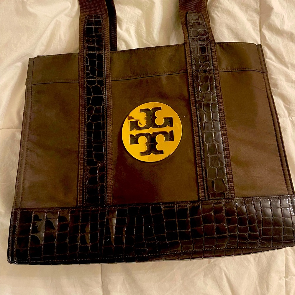 Tory Burch Ella Tote Bag - Brown and Patent Embossed